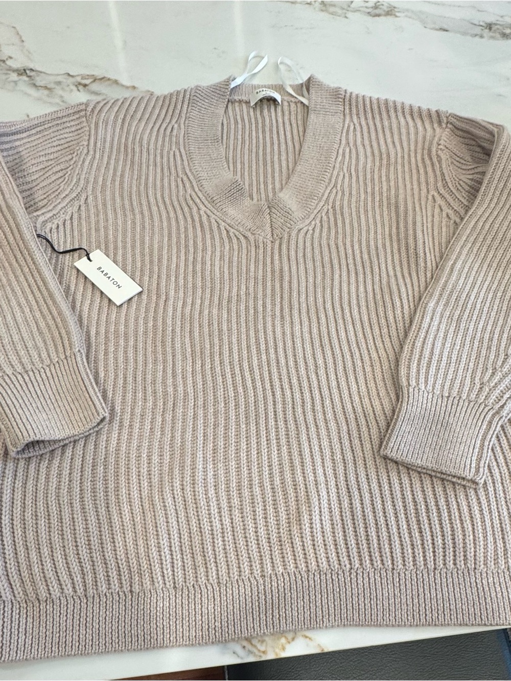 Babaton Women's Ribbed V-Neck Sweater in Light Taupe